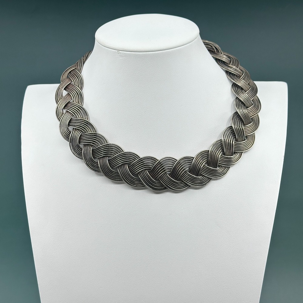 Silver Tone Braided Multi Wire Collar Necklace Chunky Statement Vintage Metal